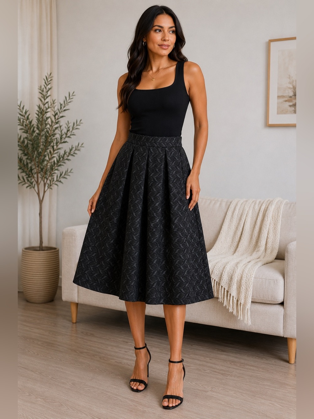 Zara Woman Black Textured Midi Skirt Size Large Jacquard A-Line Full Skirt